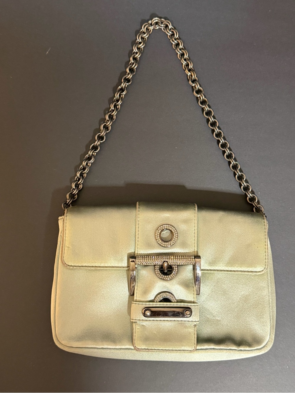 Vintage PRADA RARE Late 90s Satin Green Jeweled Buckle ShoulderBag MADE IN ITALY